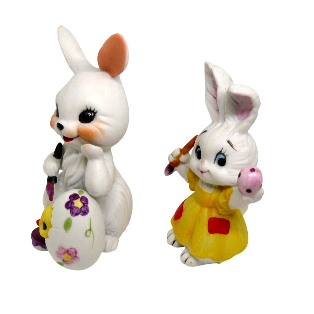 Rare Hand-Painted Porcelain Bunny Figurines Easter Egg & Paintbrush Accents Vtg - Picture 2 of 5